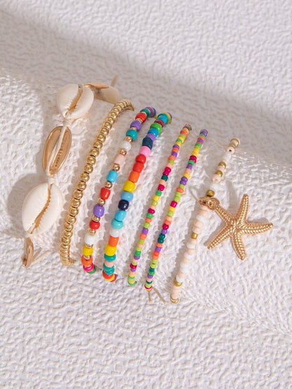 Coastal Charm 7-Piece Starfish and Seashell Beaded Bracelet Set