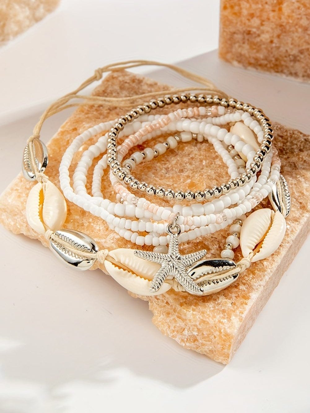 Coastal Charm 7-Piece White Starfish and Seashell Bracelet Ensemble