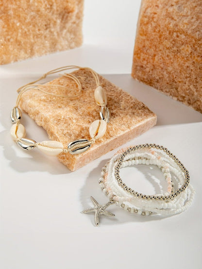 Coastal Charm 7-Piece White Starfish and Seashell Bracelet Ensemble