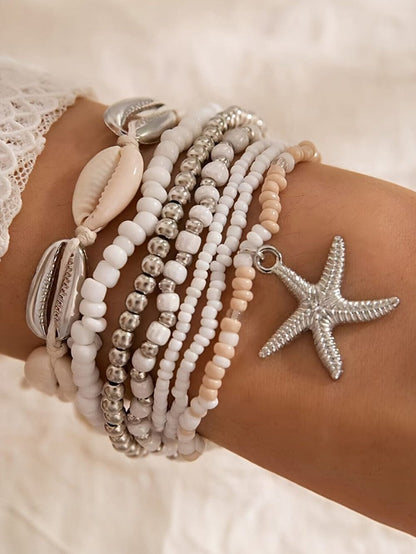 Coastal Charm 7-Piece White Starfish and Seashell Bracelet Ensemble