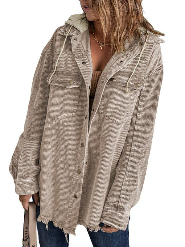 Contrast Stitched Corduroy Hooded Jacket for Women