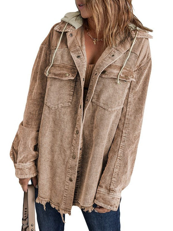 Contrast Stitched Corduroy Hooded Jacket for Women