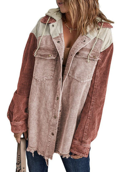 Contrast Stitched Corduroy Hooded Jacket for Women