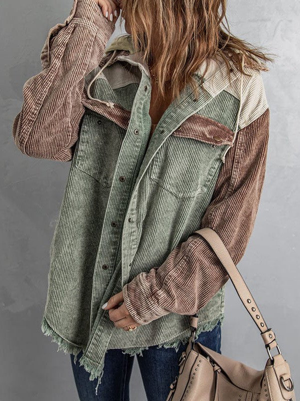 Contrast Stitched Corduroy Hooded Jacket for Women