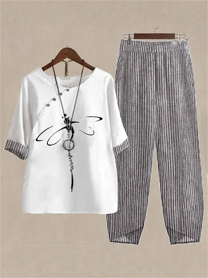 Women's Shirt Pants Sets Graphic Striped Holiday Weekend Print Black Half Sleeve Elegant Fashion Basic Round Neck Fall & Winter