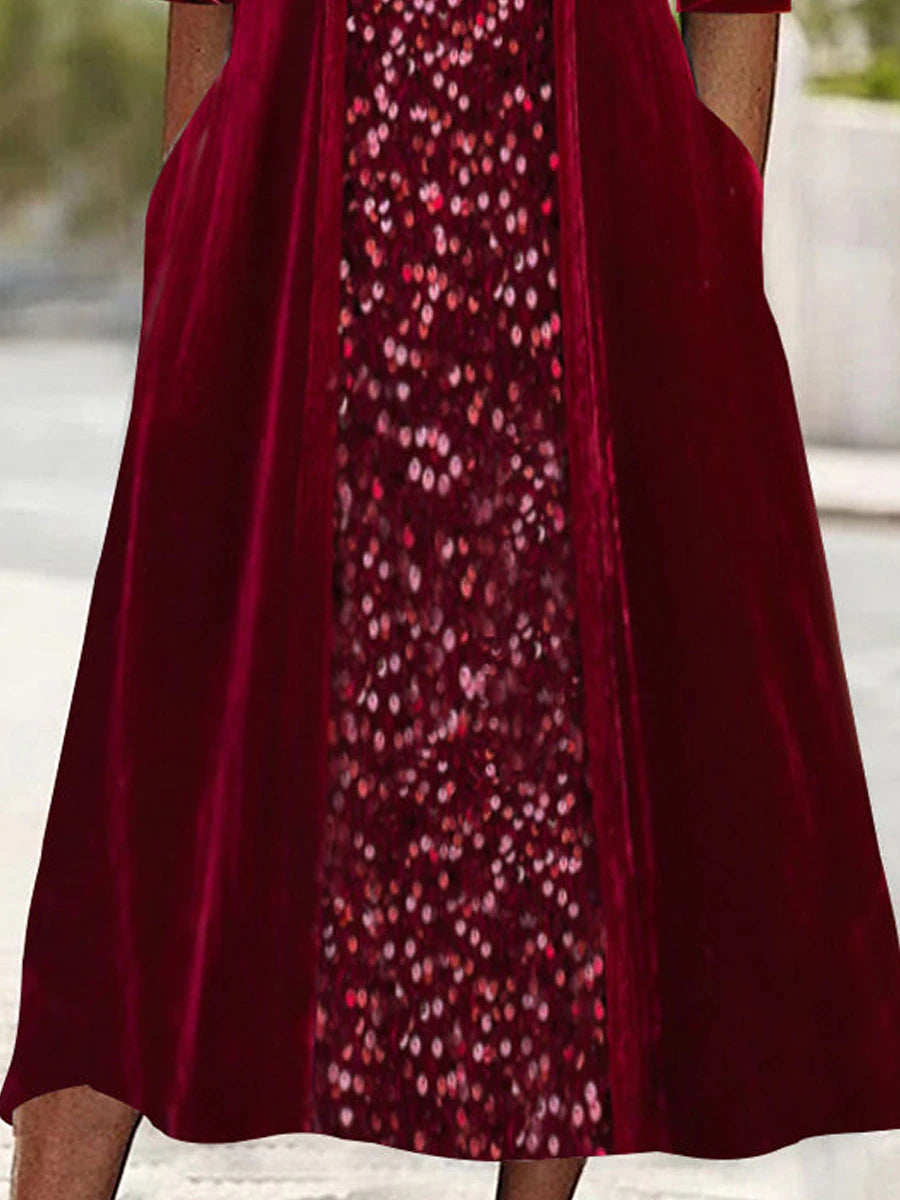 Women's Sequin Dress Velvet Dress Party Dress Sparkly Dress Christmas Midi Dress Wine Long Sleeve Sparkly Glitter Spring Fall Winter Crew Neck Dress