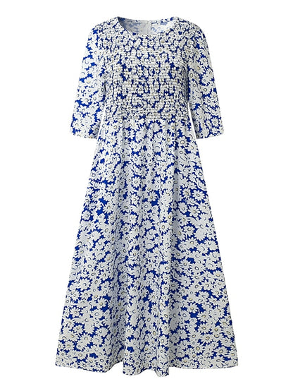 Women's Casual Dress Floral Dress Summer Dress Floral Ruched Pocket Crew Neck Midi Dress Fashion Modern Outdoor Daily Half Sleeve Regular Fit White Blue Green Summer Spring S M L XL XXL - LuckyFash™