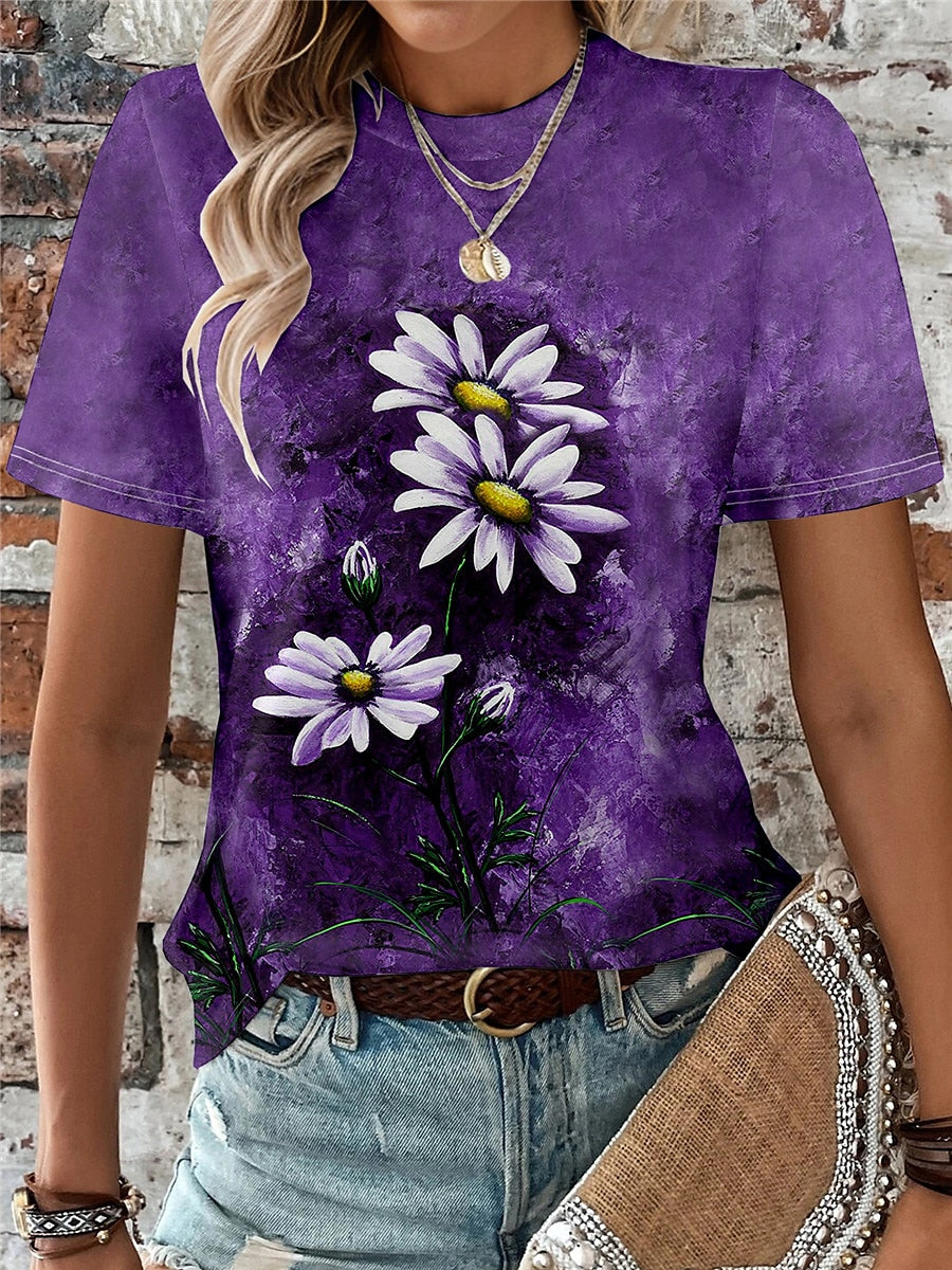 Women's T shirt Tee Floral Daily Weekend Print Blue Short Sleeve Fashion Round Neck Summer