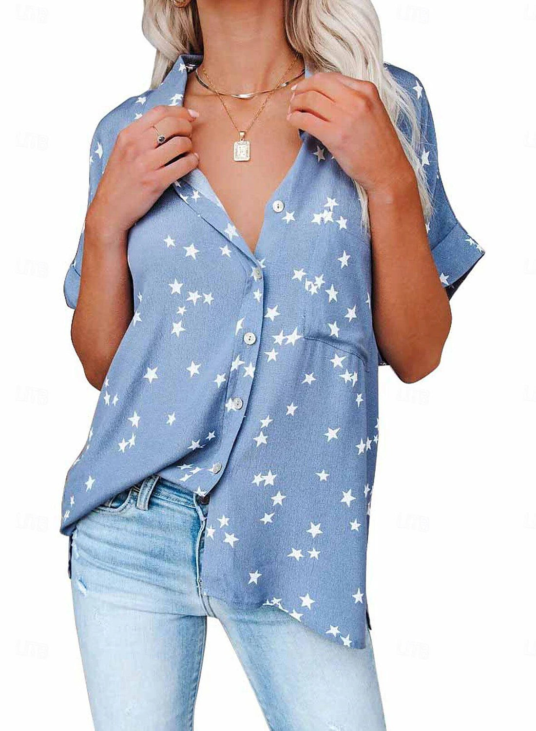 Women's Shirt Blouse Star Daily Vacation Button Print Pink Short Sleeve Casual Shirt Collar Spring & Summer