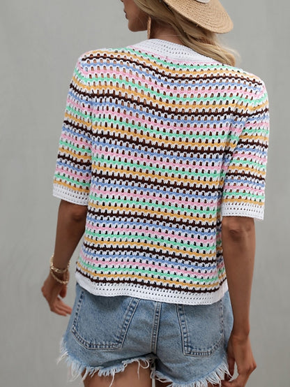 Women's Pullover Sweater jumper Jumper Crochet Knit Knitted Hole Rainbow Crew Neck Stylish Casual Outdoor Home Spring Summer Green Blue S M L / Striped / Regular Fit - LuckyFash™