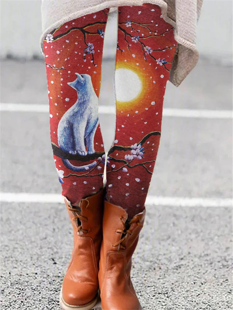 Women's Tights Normal Polyester Cat Gradient Black Red Fashion Mid Waist Full Length Christmas Gifts Halloween