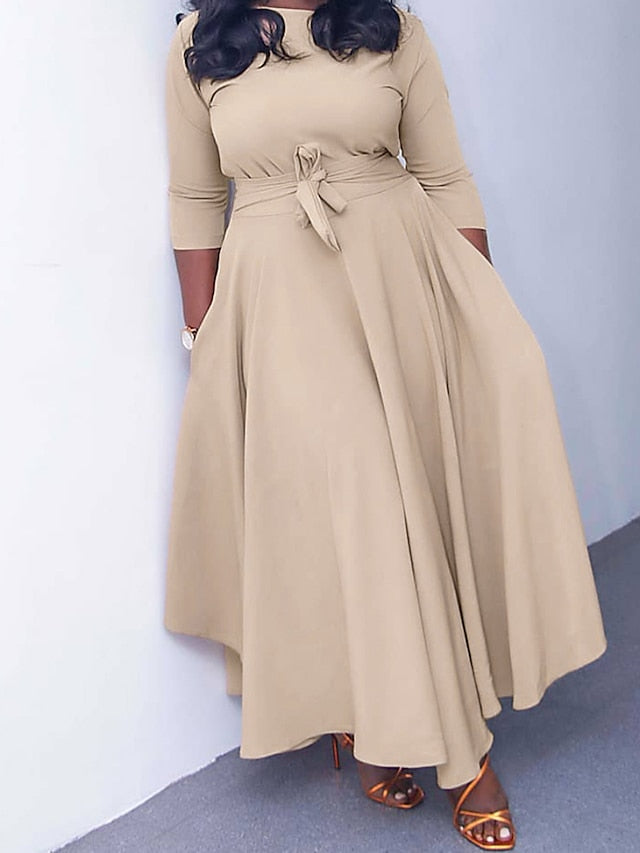 Women‘s Plus Size Curve Casual Dress Swing Dress Solid Color Long Dress Maxi Dress 3/4 Length Sleeve Lace up Pocket Crew Neck Fashion Daily Yellow Red Spring Summer L XL XXL 3XL