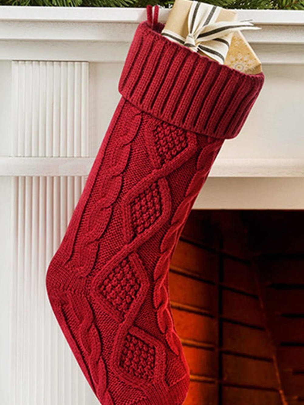 Crimson Dahlia Cable Knit Christmas Stocking Decoration