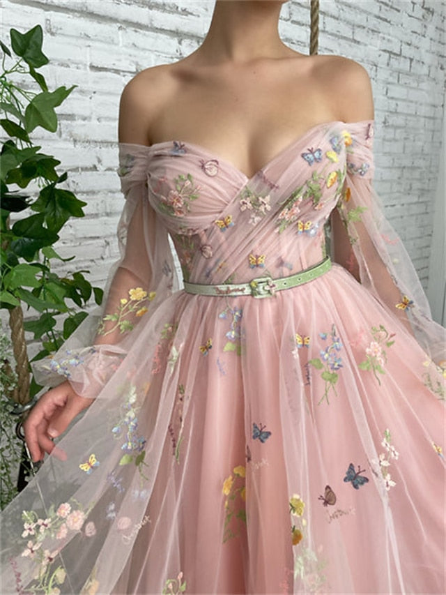 A-Line Prom Dresses Floral Dress Wedding Guest Ankle Length Long Sleeve Off Shoulder Lace with Embroidery Appliques 2023 - LuckyFash™