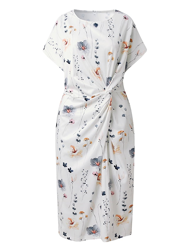 Women's Casual Dress Sheath Dress Floral Dress Floral Twist Crew Neck Midi Dress Fashion Modern Outdoor Daily Short Sleeve Regular Fit White Blue Gray Summer Spring S M L XL XXL - LuckyFash™