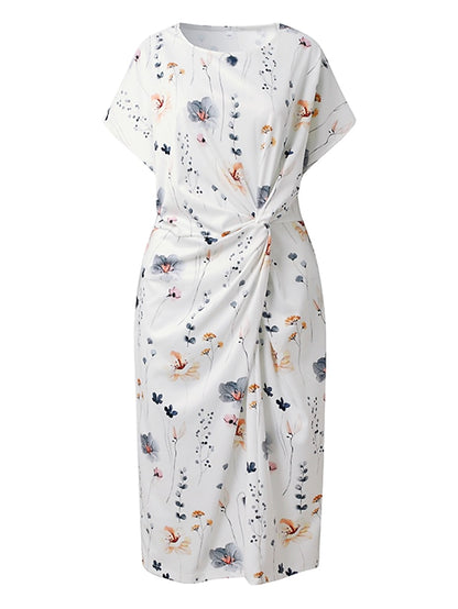 Women's Casual Dress Sheath Dress Floral Dress Floral Twist Crew Neck Midi Dress Fashion Modern Outdoor Daily Short Sleeve Regular Fit White Blue Gray Summer Spring S M L XL XXL - LuckyFash™