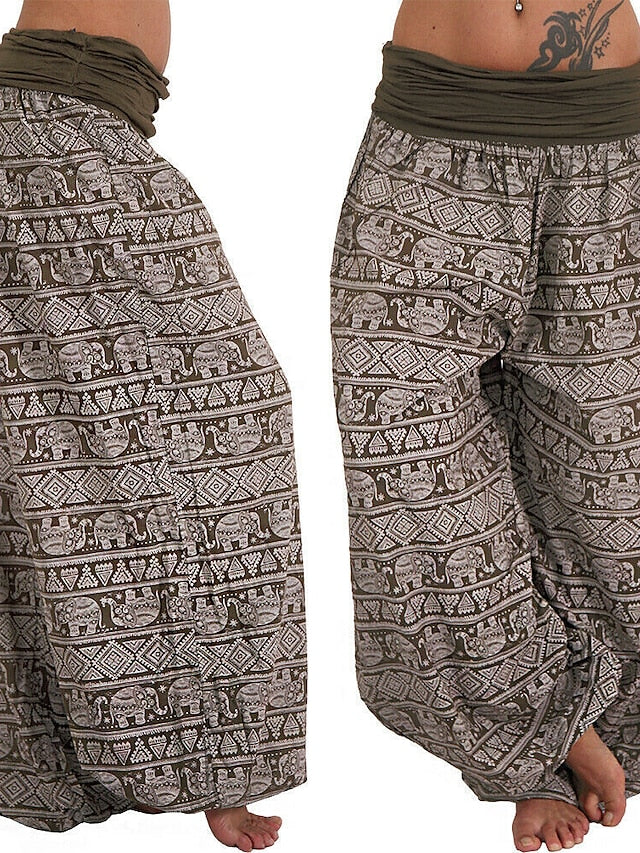 Womenâ€˜s Harem Pants Wide Leg Fold Over Waist Palazzo Bohemia Zumba Belly Dance Yoga Bloomers Bottoms Elephant Hippie Boho Navy ArmyGreen White Plus Size Sports Activewear - LuckyFash™