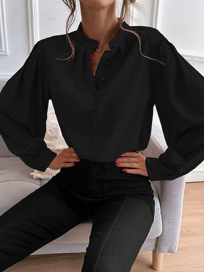 Women's Shirt Lantern Sleeve Blouse Plain Work Button Black Long Sleeve Daily Standing Collar Spring &  Fall