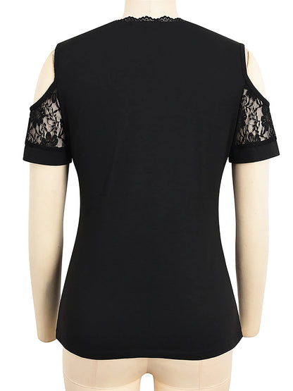 Women's T shirt Tee Going Out Tops Black Plain Lace Cut Out Short Sleeve Casual Weekend Basic Off Shoulder Regular S