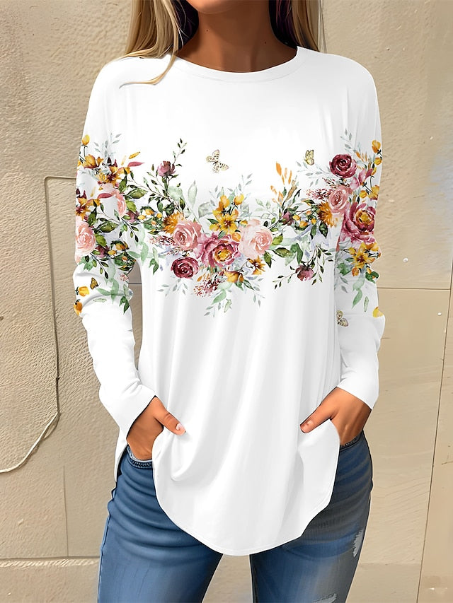 Women's T shirt Tee Floral Holiday Weekend Print White Long Sleeve Basic Round Neck Fall & Winter