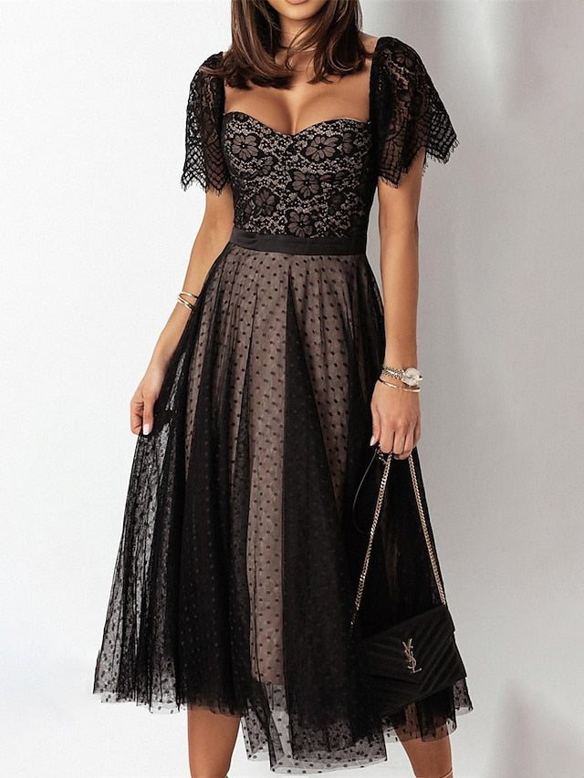 Women's Party Dress Corset Dress Lace Dress Midi Dress Black Pink Fuchsia Short Sleeve Polka Dot Lace Summer Spring Square Neck Fashion Birthday Wedding Guest Vacation S M L XL - LuckyFash™