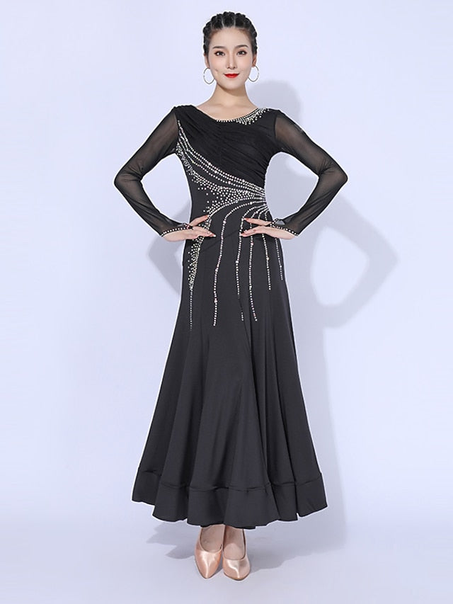 Ballroom Dance Dress Splicing Crystals / Rhinestones Women's Training Performance Long Sleeve Mesh Spandex Polyester - LuckyFash™