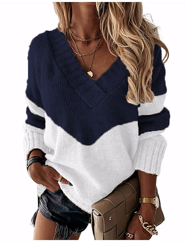 Women's Pullover Sweater Jumper Jumper Crochet Knit Cropped Patchwork Stripe Color Block V Neck Stylish Casual Daily Holiday Winter Fall Blue Yellow S M L - LuckyFash™