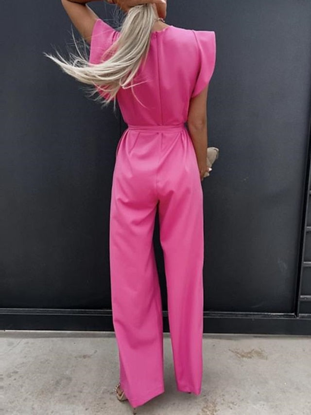 Women's Jumpsuit Lace up Ruffle Solid Color Round Neck Elegant Party Going out Regular Fit Short Sleeve White Blue Pink S M L Spring - LuckyFash™