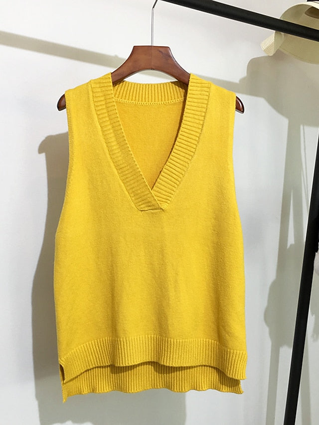 Women's Sweater Vest V Neck Knit Polyester Knitted Fall Winter School Daily Weekend Stylish Basic Casual Sleeveless Solid Color Black White Yellow One-Size