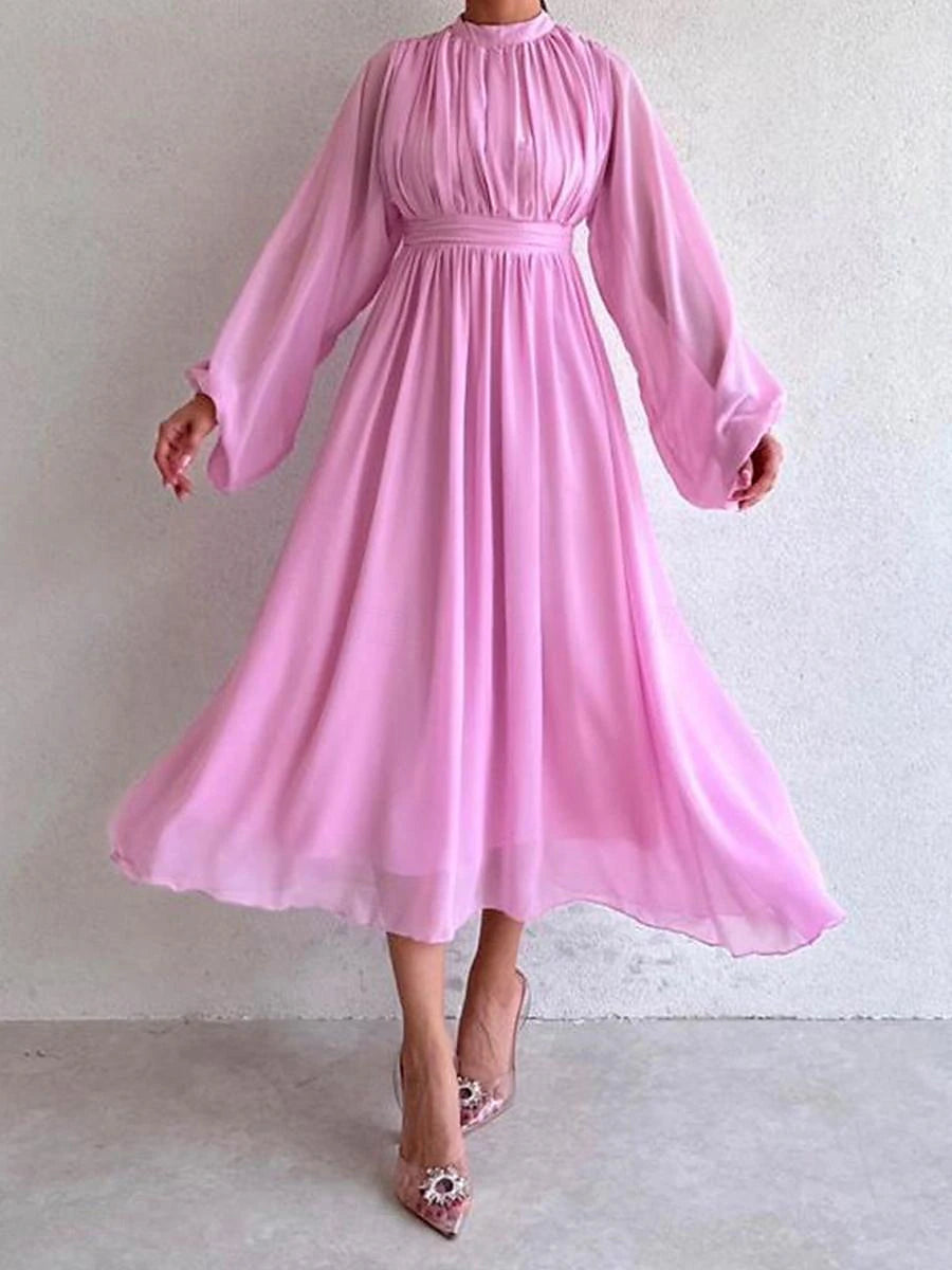 Women's White Dress Casual Dress Swing Dress Long Dress Maxi Dress Ruched Date Elegant Streetwear Stand Collar Long Sleeve Black White Pink Color