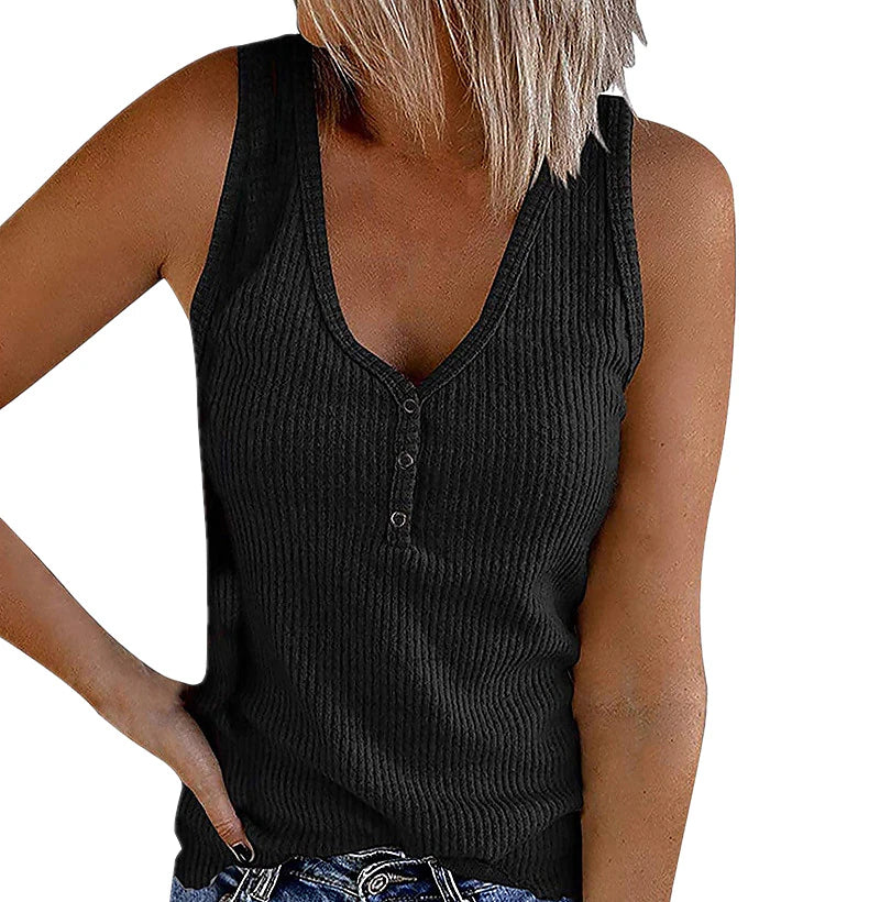 Women's Tank Top Going Out Tops Henley Shirt Vest Plain Casual Daily Holiday Button Black Sleeveless Streetwear Basic Beach V Neck