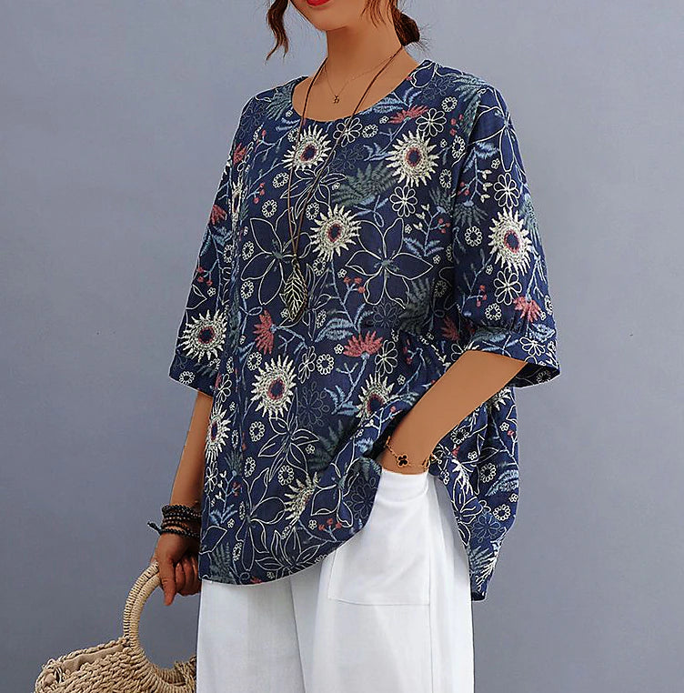 Women's Shirt Blouse Linen Floral Striped Casual Print Black Short Sleeve Fashion Round Neck Spring & Summer