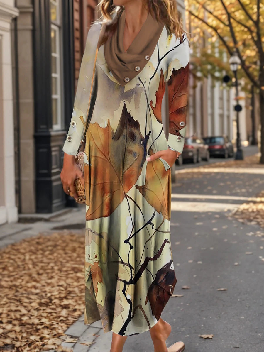 Women's Winter Dress Leaf Print Cowl Neck Long Dress Maxi Dress Daily Long Sleeve Fall Winter