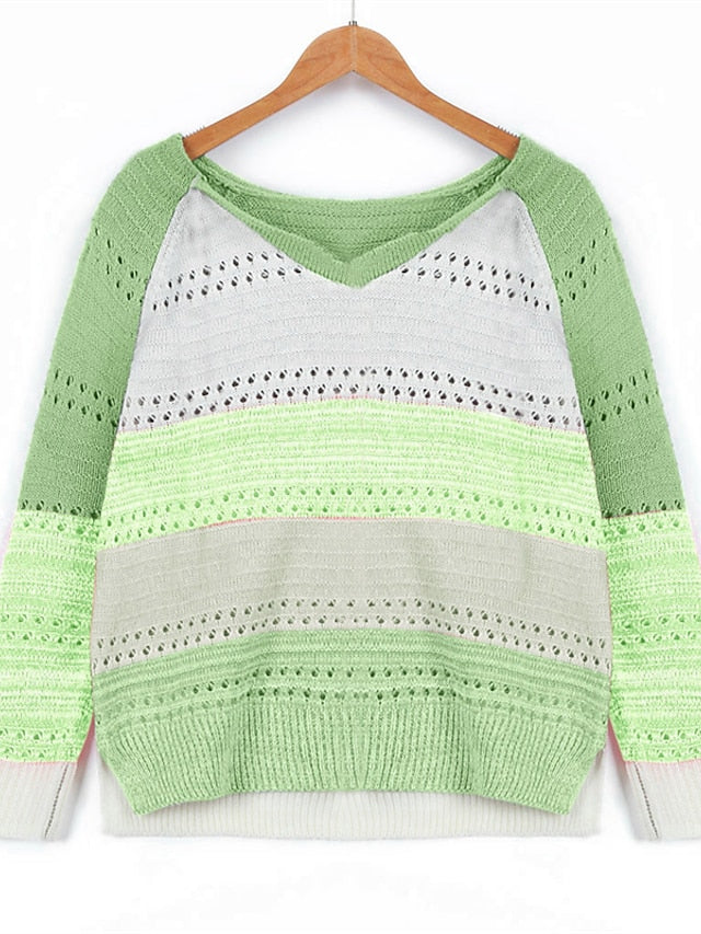 Women's Pullover Sweater jumper Jumper Crochet Knit Knitted Color Block V Neck Stylish Casual Outdoor Daily Winter Fall Green Blue S M L / Long Sleeve / Striped / Regular Fit / Going out - LuckyFash™