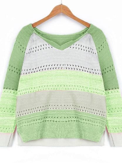 Women's Pullover Sweater jumper Jumper Crochet Knit Knitted Color Block V Neck Stylish Casual Outdoor Daily Winter Fall Green Blue S M L / Long Sleeve / Striped / Regular Fit / Going out - LuckyFash™