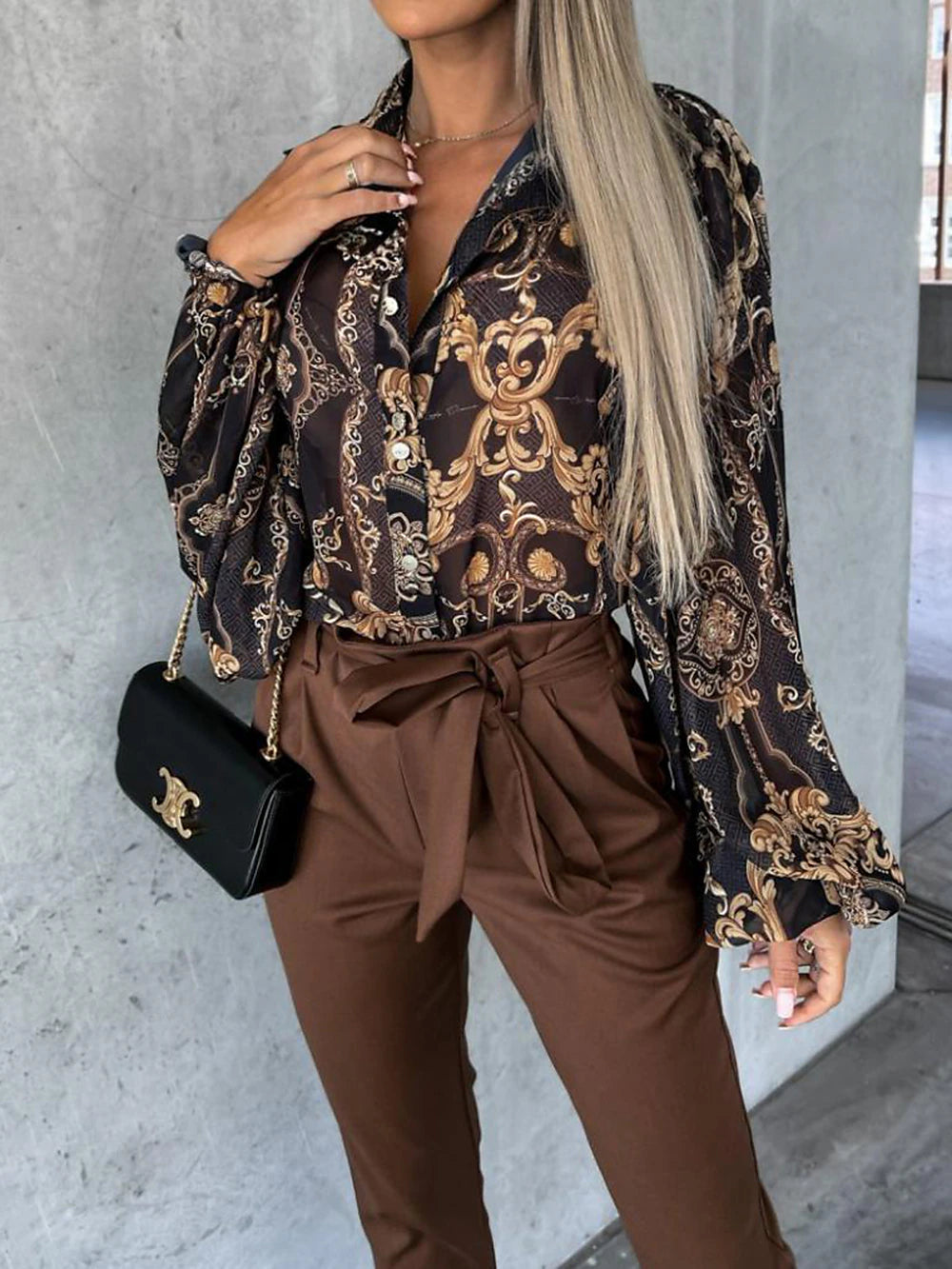 Women's Shirt Blouse Floral Casual Holiday Button Print Lantern Sleeve Black Long Sleeve Fashion Shirt Collar Spring &  Fall