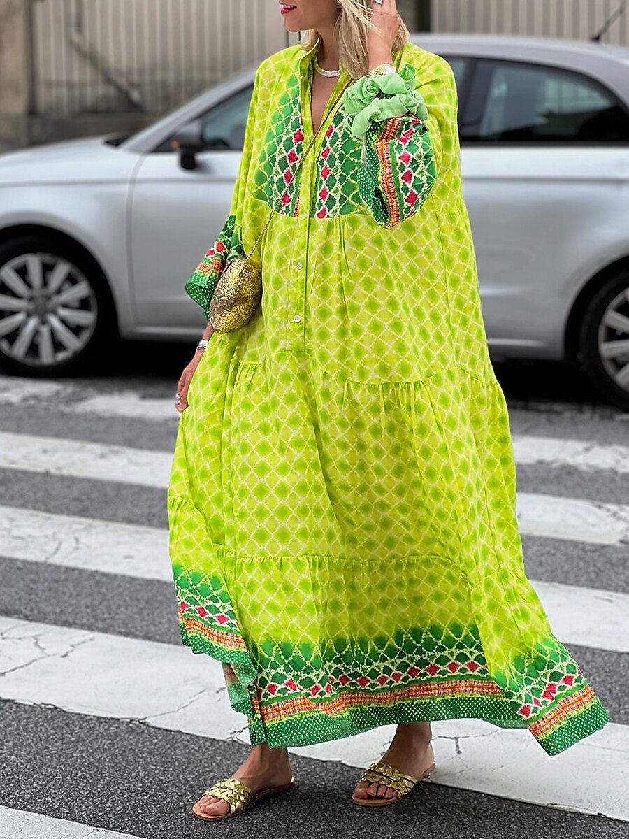 Women‘s Caftan Dress Long Dress Maxi Dress Casual Dress Swing Dress Print Dress Geometric Fashion Modern Outdoor Daily Holiday Button Print 3/4 Length Sleeve Stand Collar Dress Loose Fit Yellow