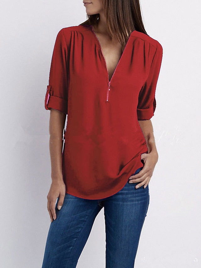 Womenâ€˜s Blouse Shirt Zipper Basic Plain Daily V Neck T-shirt Sleeve Regular Summer White Black Pink Grey Dark Blue - LuckyFash™