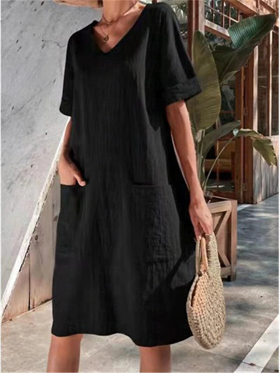 Women's White Dress Casual Dress Summer Dress Midi Dress Cotton Pocket Date Basic V Neck Short Sleeve Black White Wine Color