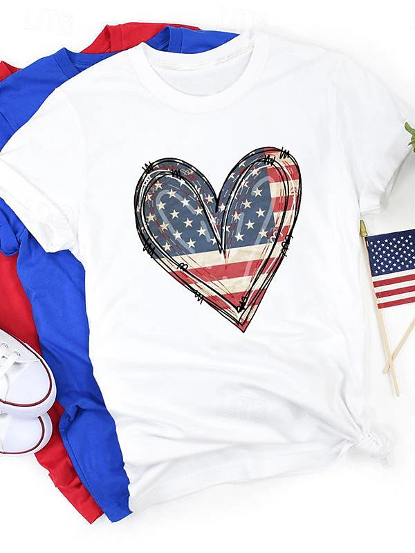 Women's T shirt Tee Cotton Heart American Flag Daily Weekend Print Black Short Sleeve Fashion Round Neck Summer