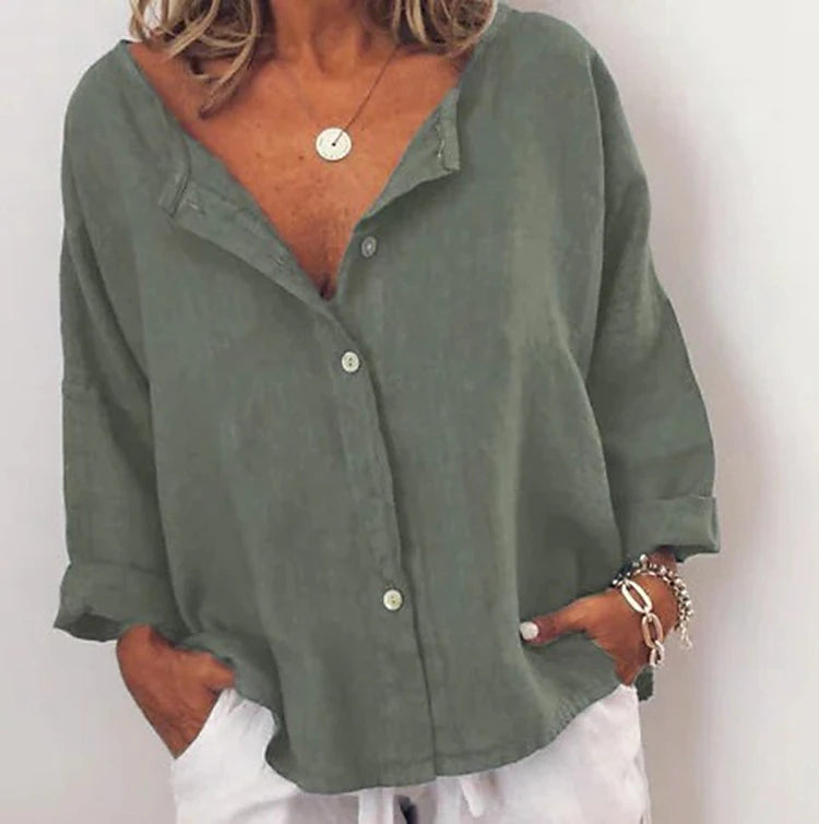 Women's Shirt Blouse Long Cotton Top Linen Plain Casual Daily Button Army Green Long Sleeve Daily Basic V Neck Fall & Winter