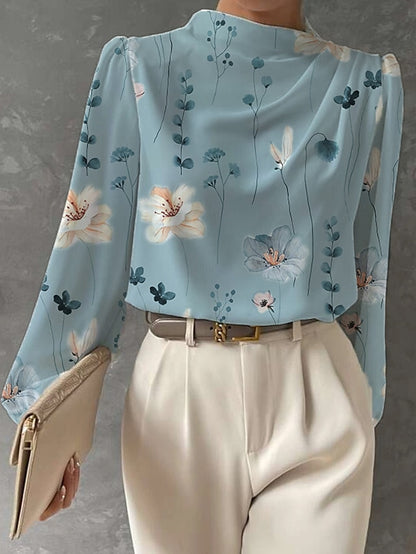 Women's Shirt Blouse Floral Work Print White Long Sleeve Fashion Round Neck Spring &  Fall