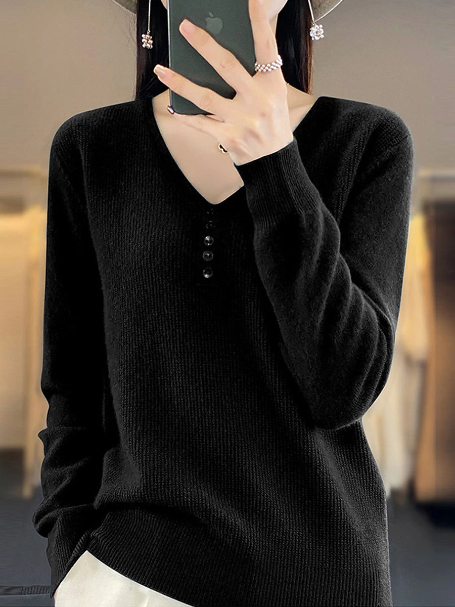 Women's Pullover Sweater Jumper V Neck Ribbed Knit Polyester Button Knitted Fall Winter Regular Outdoor Daily Holiday Fashion Streetwear Casual Long Sleeve Solid Color Black White Light Green S M L