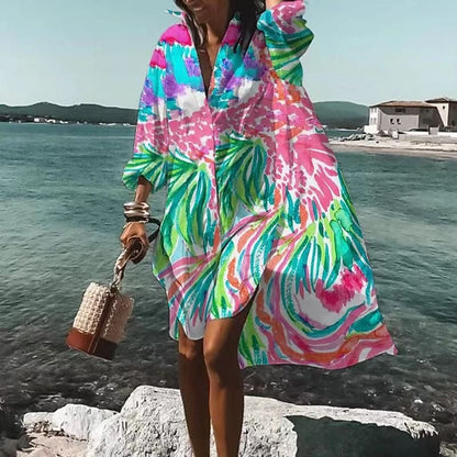 Women's Shirt Dress Casual Dress Swing Dress Midi Dress Daily Holiday Vacation Polyester Stylish Modern Shirt Collar High Low dress Print Long Sleeve Summer Spring 2022 Loose Fit Black Red Blue