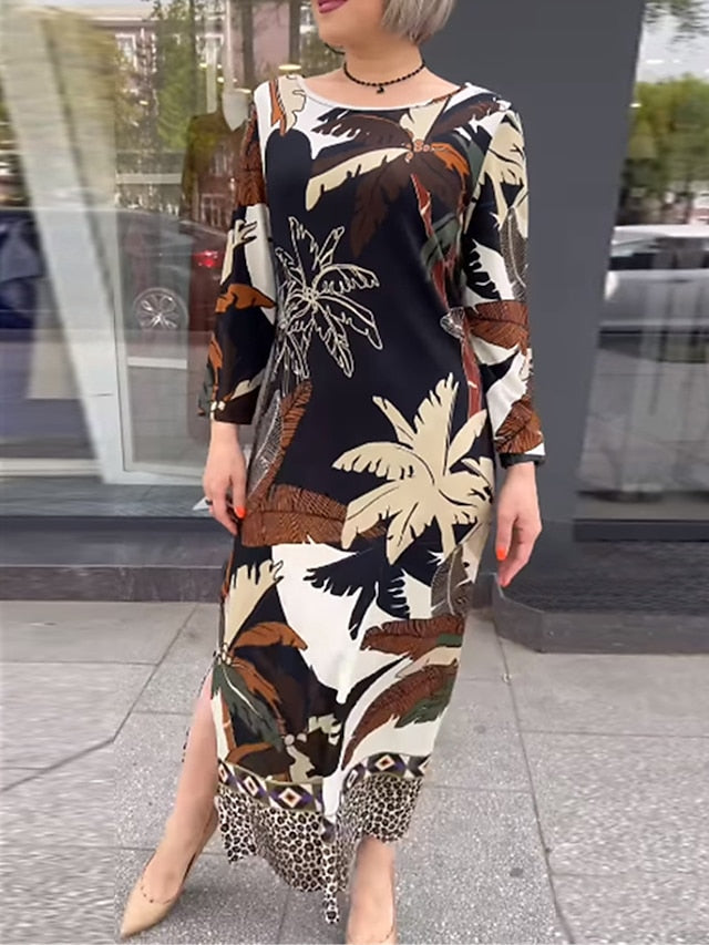 Women's Split Print Crew Neck Maxi long Dress Daily Vacation Long Sleeve Summer Spring