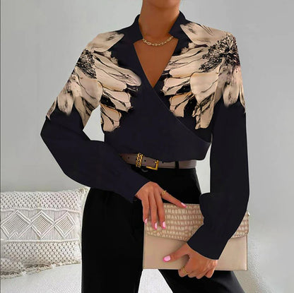 Women's Shirt Blouse Floral Work Print Black Long Sleeve Fashion V Neck Spring &  Fall