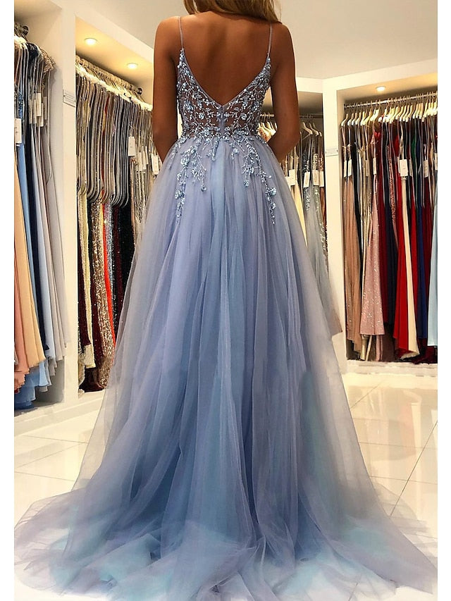 A-Line Prom Dresses Princess Dress Formal Court Train Sleeveless V Neck Tulle with Beading 2023 - LuckyFash™