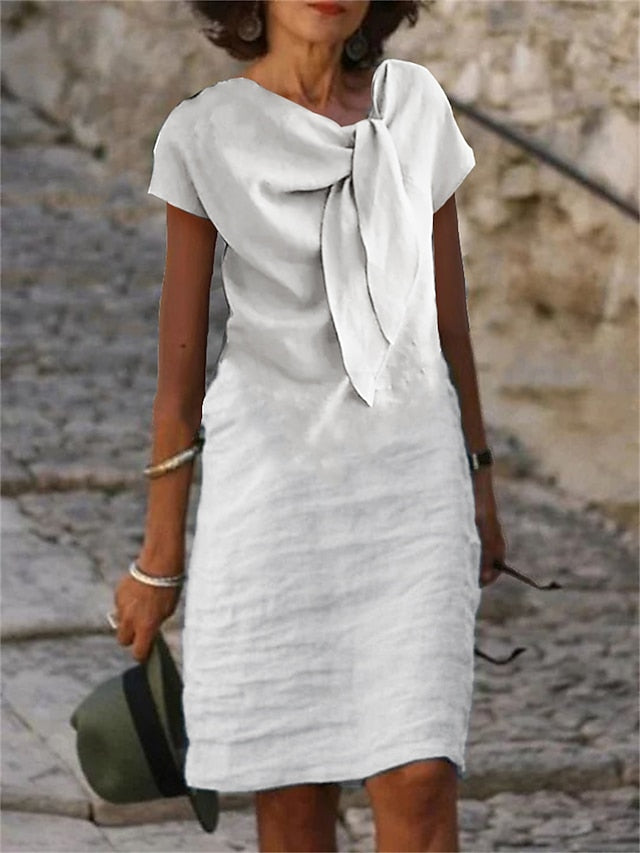 Women's Casual Dress Cotton Dress Shift Dress Midi Dress Cotton Blend Fashion Basic Outdoor Daily Vacation V Neck Lace up Short Sleeve Summer Spring 2023 Loose Fit Black White Blue Plain S M L XL 2XL - LuckyFash™