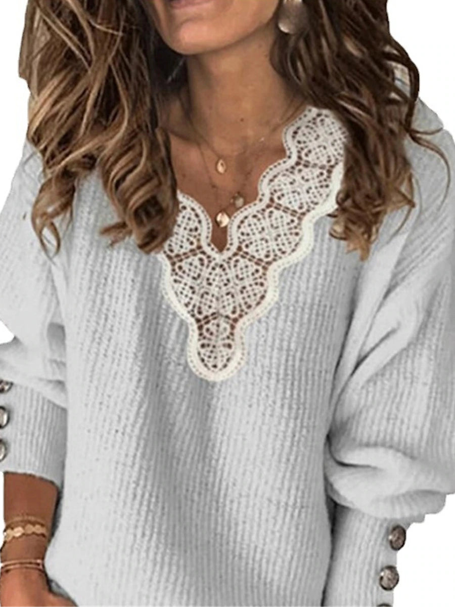 Women's Pullover Sweater Jumper V Neck Ribbed Knit Polyester Lace Trims Fall Winter Daily Going out Weekend Stylish Casual Soft Long Sleeve Solid Color Maillard White Blue S M L