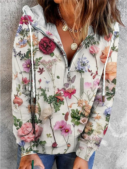 Women's Zip Up Hoodie Sweatshirt Hoodie Sweatshirt Pullover Floral Street Casual Quarter Zip White Red Blue Vintage Basic Hoodie Long Sleeve Top Micro-elastic Fall & Winter